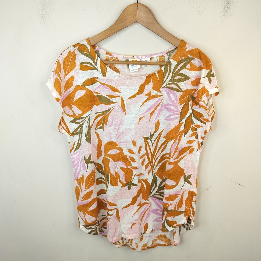 C&C California Linen Tee Women XL Tropical Leaf Print Boho Casual Orange Pink